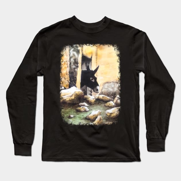 At the Window - Donkey Portrait Watercolor Long Sleeve T-Shirt by BluedarkArt